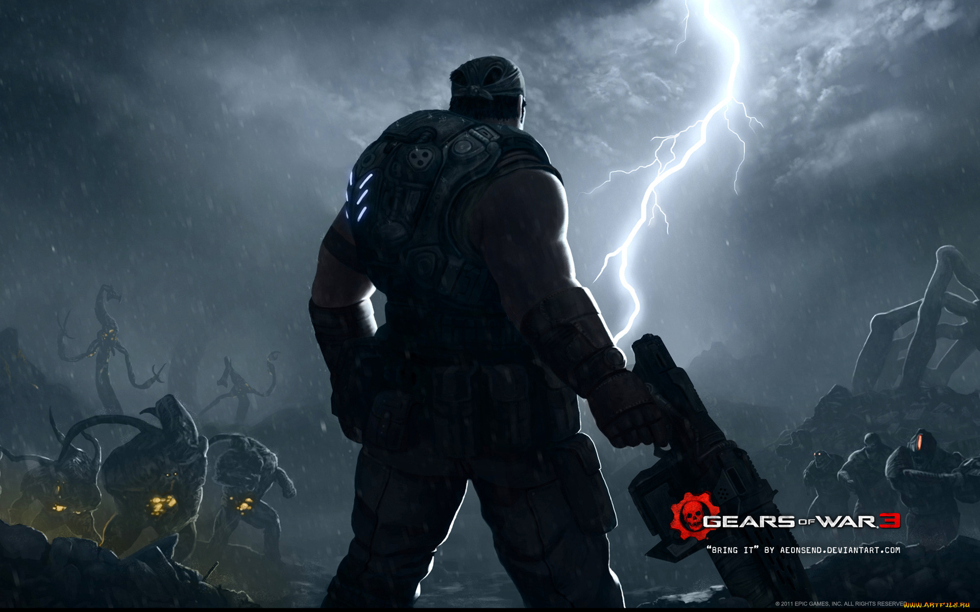 Обои Свалка Gears of War 3, обои для рабочего стола, фотографии видео, игры,  gears, of, war, существа, молния Обои для рабочего стола, скачать обои  картинки заставки на рабочий стол.